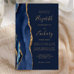 Papier Budget Marine Blue Gold Agate Faire-part de mariag<br><div class="desc">Le bord gauche de cette élégante faire-part de mariage moderne est orné d'une bordure en aquarelle bleu marine ornée d'une parties scintillant en faux or. Le texte personnalisable combine écriture manuscrite couleur or, cuivre et polices italiques sur un arrière - plan bleu marine. L'envers est assorti d'un design d'agate bleu...</div>