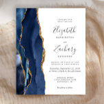 Papier Budget Marine Blue Gold Agate Faire-part de mariag<br><div class="desc">Le bord gauche de cette élégante faire-part de mariage moderne est orné d'une bordure en aquarelle bleu marine ornée d'une parties scintillant en faux or. Le texte personnalisable combine écriture manuscrite, copperplate et polices italiques en gris fusain sur un arrière - plan blanc. L'envers est assorti d'un design d'agate bleu...</div>