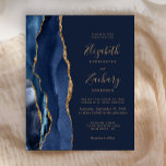 Papier Budget Marine Blue Gold Agate Faire-part de mariag<br><div class="desc">Le bord gauche de cette élégante faire-part de mariage moderne est orné d'une bordure en aquarelle bleu marine ornée d'une parties scintillant en faux or. Le texte personnalisable combine écriture manuscrite couleur or, cuivre et polices italiques sur un arrière - plan bleu marine. L'envers est assorti d'un design d'agate bleu...</div>