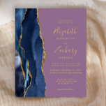 Papier Budget Marine Blue Gold Agate Mauve Mariage Invita<br><div class="desc">Le bord gauche de cette élégante faire-part de mariage moderne est orné d'une bordure en aquarelle bleu marine ornée d'une parties scintillant en faux or. Le texte personnalisable combine écriture manuscrite dorée, cuivre et polices italiques sur un arrière - plan mauve. L'envers est assorti d'un design d'agate bleu marine et...</div>