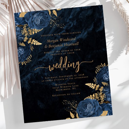 Papier Budget Marine Blue Gold Floral Wedding Invitation