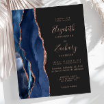 Papier Budget Marine Blue Rose Gold Agate Dark Mariage<br><div class="desc">Le bord gauche de cette élégante faire-part de mariage moderne est orné d'une bordure en aquarelle bleu marine ornée d'une parties scintillant en or rose. Le texte personnalisable associe écriture rose, copperplate et polices italiques sur un arrière - plan gris fusain foncé. L'envers est assorti d'une agate bleu marine et...</div>