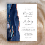 Papier Budget Marine Blue Rose Gold Agate Mariage Invitat<br><div class="desc">Le bord gauche de cette élégante faire-part de mariage moderne est orné d'une bordure en aquarelle bleu marine ornée d'une parties scintillant en or rose. Le texte personnalisable combine écriture manuscrite, copperplate et polices italiques en gris fusain sur un arrière - plan blanc. L'envers est assorti d'une agate bleu marine...</div>