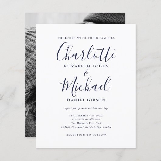 Papier Budget Marine Blue Script Photo Faire-part de mari (Devant / Derrière)