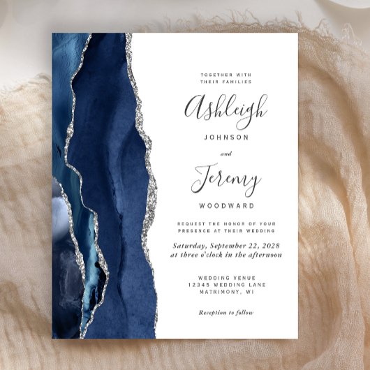 Papier Budget Marine Blue Silver Agate Mariage Invitation