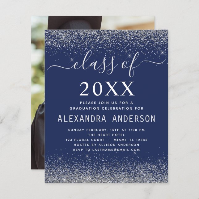 Papier Budget Marine Blue Silver Photo Graduation 2023 (Devant / Derrière)