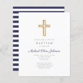 Papier Budget Marine Blue Stripes Cross Boy Baptism Invit (Devant / Derrière)