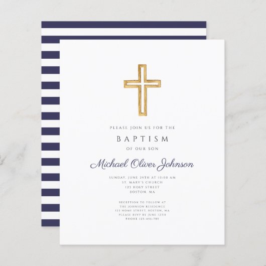 Papier Budget Marine Blue Stripes Cross Boy Baptism Invit (Devant / Derrière)