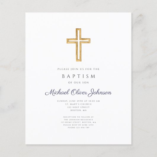 Papier Budget Marine Blue Stripes Cross Boy Baptism Invit (Devant)