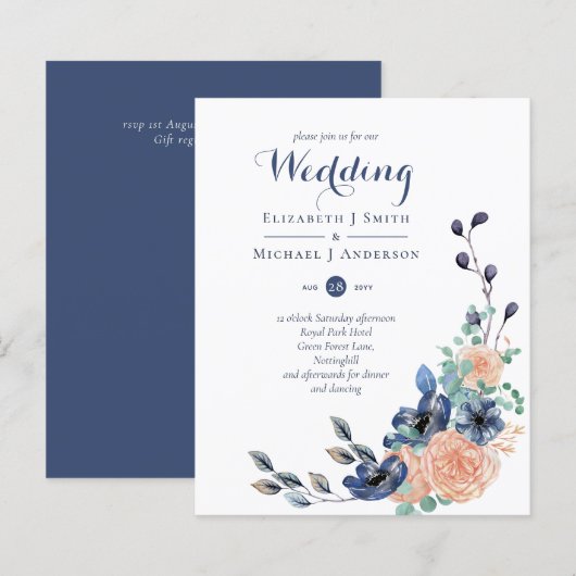 Papier Budget Marine Corail bleu Corail Floral Mariage In (Devant / Derrière)