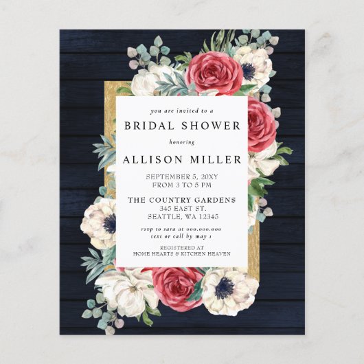 Papier Budget Marine Floral Bridal Show Invitation (Devant)