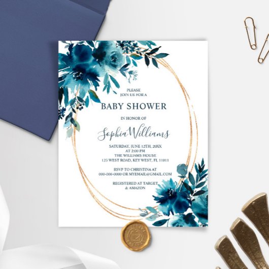 Papier Budget Marine Flowers & Gold Baby shower Invitatio