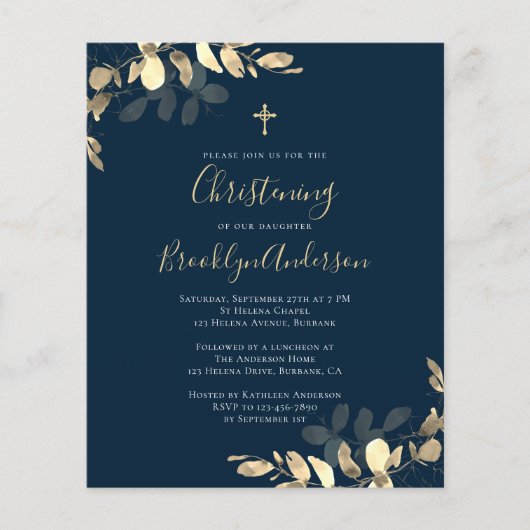 Papier Budget Marine Gold Eucalyptus Christening Invitati (Devant)