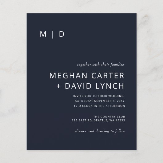 Papier Budget Marine Moderne Monogramme Faire-part de mar (Devant)