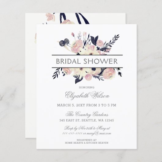 Papier Budget Marine rose Floral nuptiale Invitation (Devant / Derrière)