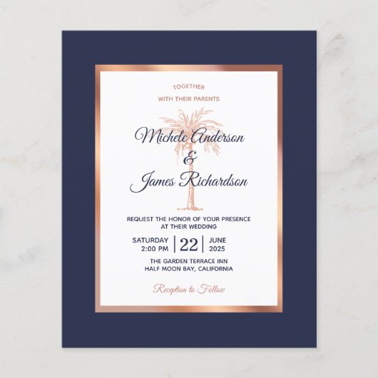 Papier Budget Marine Rose Gold Palm Faire-part de mariage (Devant)