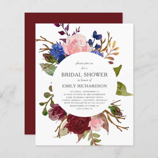 Papier Budget Marsala Floral nuptiale Invitation (Devant / Derrière)