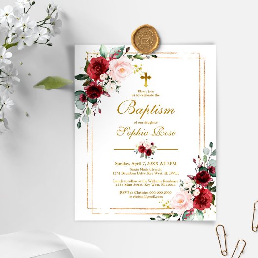 Papier Budget Marsala & Gold Frame Baptism Invitation