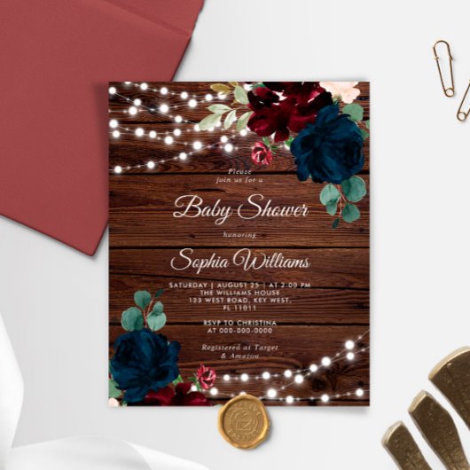 Papier Budget Marsala & Marine Baby shower de bois Invita