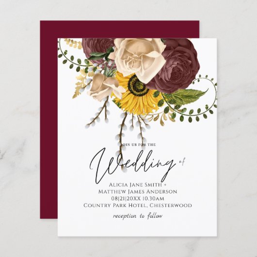Papier BUDGET Marsala Roses Tournesols de mariage Invitat (Devant / Derrière)