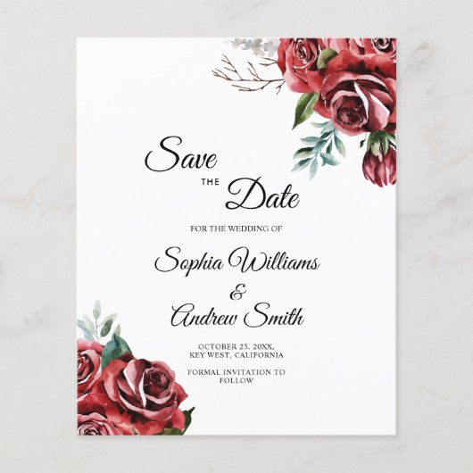 Papier BUDGET Marsala Rouge Rose Rustique Save The Date (Devant)