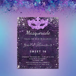 Papier Budget mascarade violet argent parties scintillant<br><div class="desc">Pour une Masquerade élégante, Sweet 16, 16e anniversaire. Couleur arrière - plan violette, la couleur violette est inégale. Décoré avec de la poussière de parties scintillant en faux argent et un masque masqué. Personnalisez et ajoutez un nom, un âge et des détails de la fête. Le nom est écrit avec...</div>