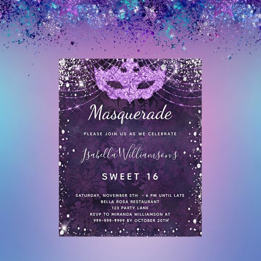 Papier Budget mascarade violet argent parties scintillant