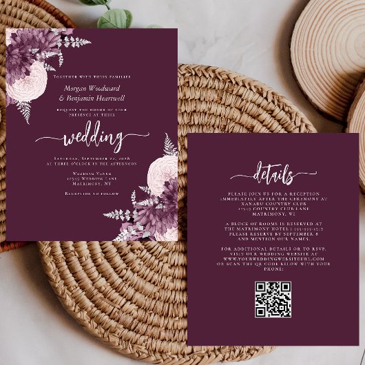 Papier Budget Mauve Silver Floral QR Code Wedding Invite