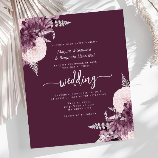 Papier Budget Mauve Silver Floral Wedding Invite