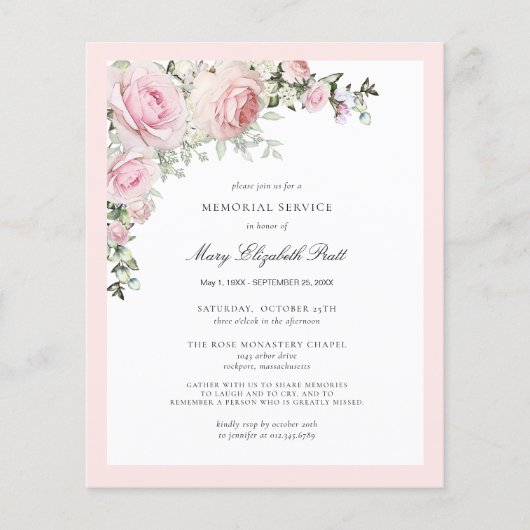 Papier Budget Memorial Service Pink Floral Invitation (Devant)
