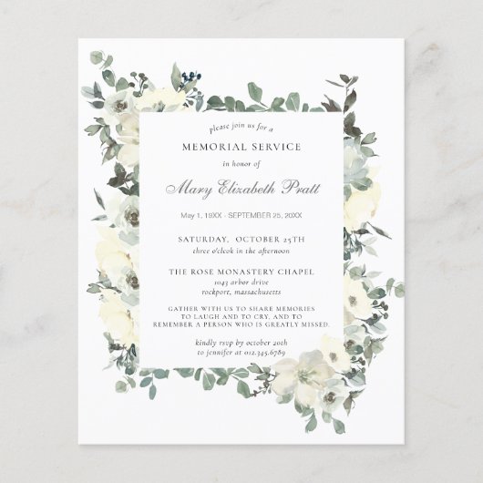 Papier Budget Memorial Service White Floral Invitation (Devant)