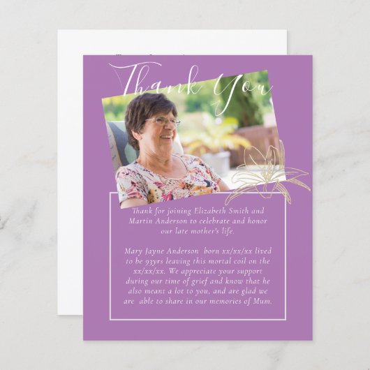 Papier BUDGET Merci funéraire Photo Mauve Lilly (Devant / Derrière)
