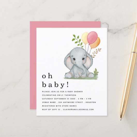 Papier Budget mignon Eléphant rose fille Invitation Baby (Devant/Arrière en situation)