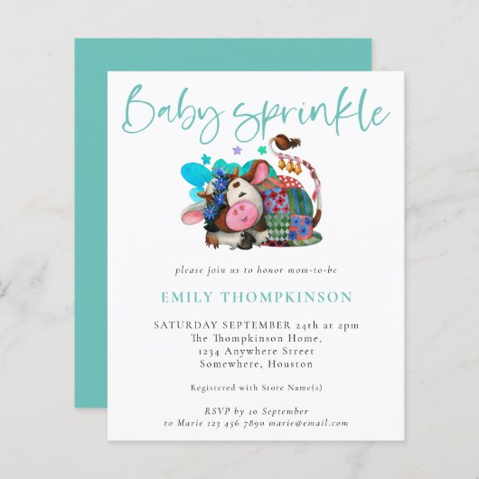 Papier Budget mignon vache dormant Turquoise bébé saupoud (Devant / Derrière)