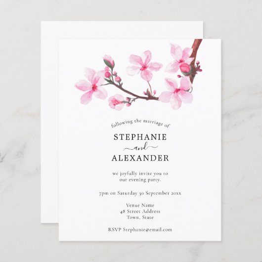 Papier Budget Minimal Cerry Blossom Soirée Invitation (Devant / Derrière)