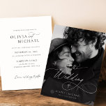 Papier Budget Minimal Script Sunset Photo Wedding Invite<br><div class="desc">Offrez-vous une élégance intemporelle abordable avec notre budget Minimal Script Sunset Photo Wedding Invite. Doté d'une faire-part de mariage avec un thème doux et romantique du coucher de soleil sur la plage et un script élégant.</div>