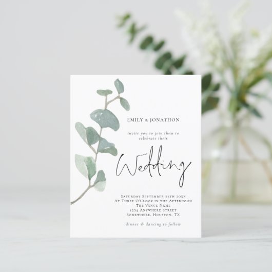 Papier Budget minimaliste Faire-part de mariage d'eucalyp (Debout devant)