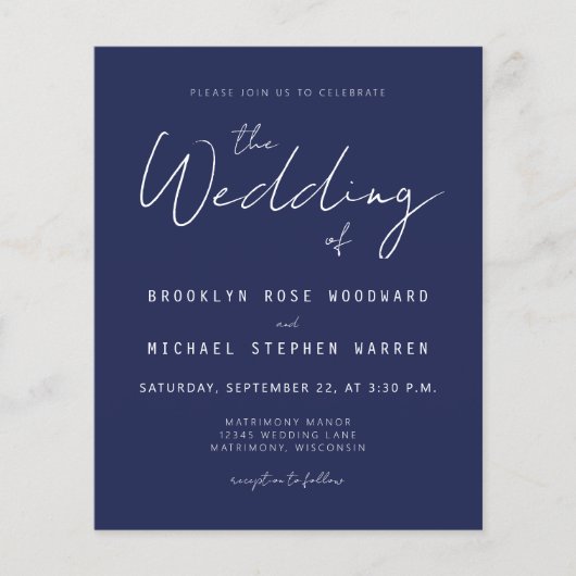 Papier Budget minimum Faire-part de mariage de script ble (Devant)