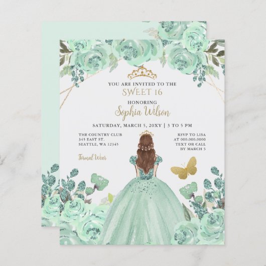 Papier Budget Mint Gold Princess Sweet 16 Invitation (Devant / Derrière)
