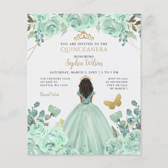 Papier Budget Mint Gold Princesse Quinceañera Invitation (Devant)