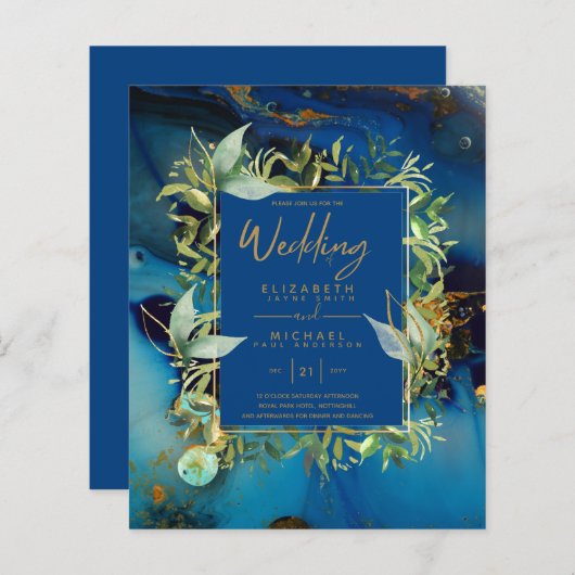 Papier BUDGET Minuit Bleue Or Vert Mariage Invite (Devant / Derrière)
