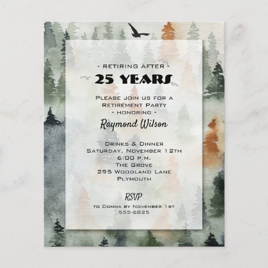 Papier Budget Misty Forest Retirement Invitations (Devant)