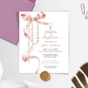 Papier Budget Mocha Bow & Rosary Baptism Invitation