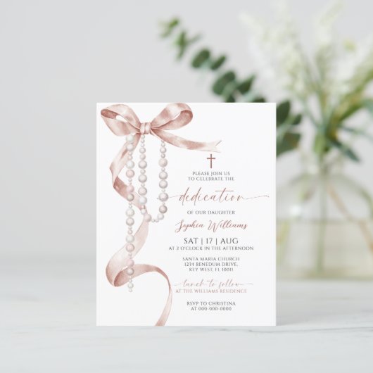 Papier Budget Mocha Bow & Rosary Dedication Invitation (Debout devant)