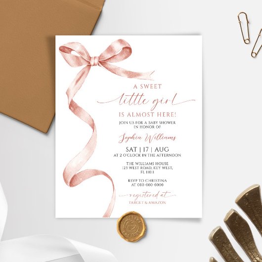 Papier Budget Mocha Bow Sweet Girl Baby shower Invitation