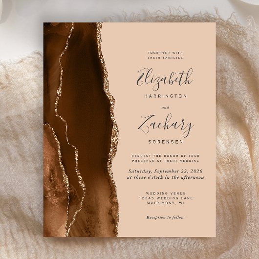 Papier Budget Mocha Brown Gold Agate Tan Wedding Invitati