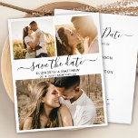 Papier Budget Modern Script Photo Collage Enregistrer La<br><div class="desc">Élégant budget moderne noir et blanc script 3 photo collage mariage enregistrer la date faire-part personnalisé abordable petit budget flyer. Modèle design minimaliste chic avec trois (3) photos de couple et élégant écriture de lettrage à la main "Enregistrer la date" texte en noir sur couleur arrière - plan blanc. ***VEUILLEZ...</div>