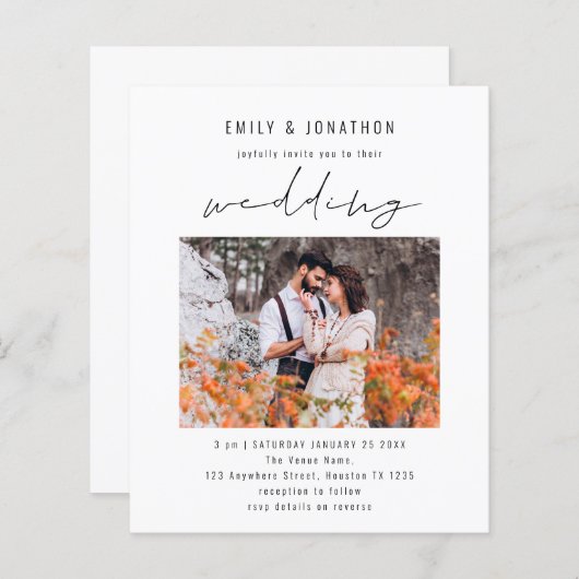 Papier Budget Modern Script Photo QR Code Mariage Invitat (Devant / Derrière)
