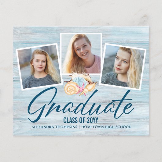 Papier Budget Moderne 3 Photo Plage Faire-part diplômée (Devant)