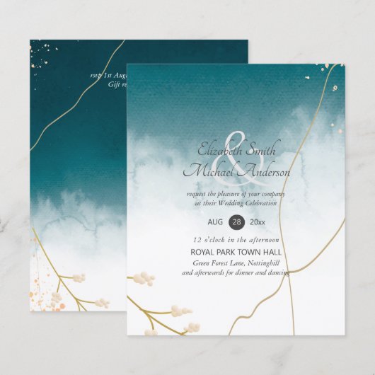 Papier BUDGET Moderne Abstrait mariage Turquoise or Invit (Devant / Derrière)